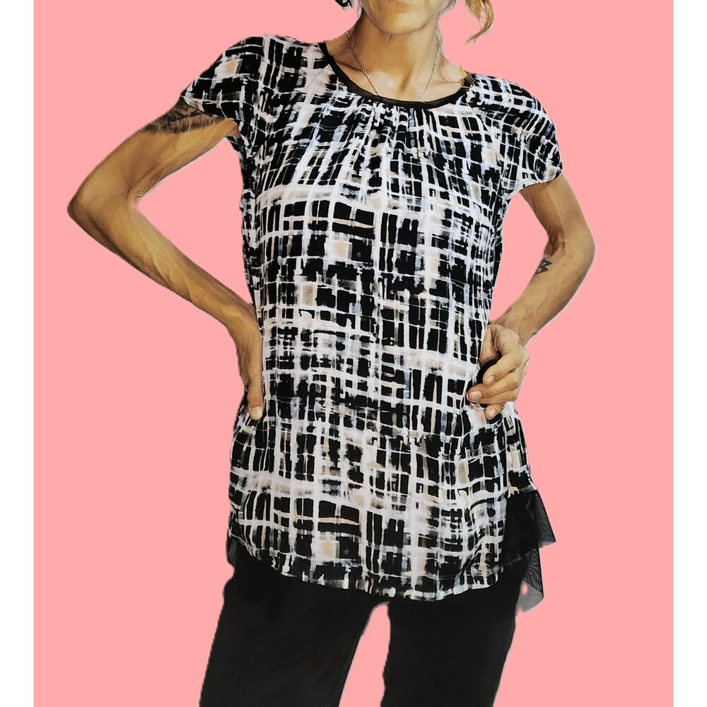 Simply Vera Vera Wang ~ Black White Peach Abstract Top ~ Size Medium